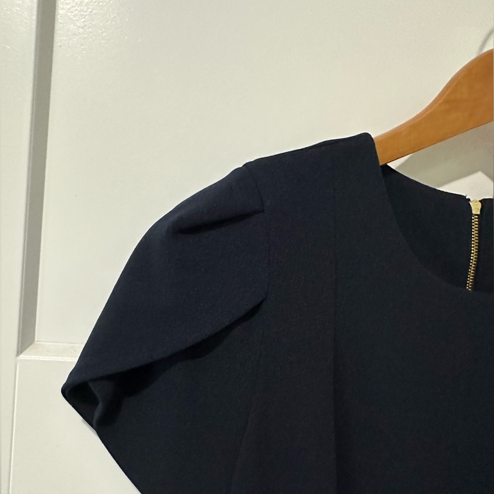 Navy blue knee length dress with detail on the sleeve. Gold zippered back.
